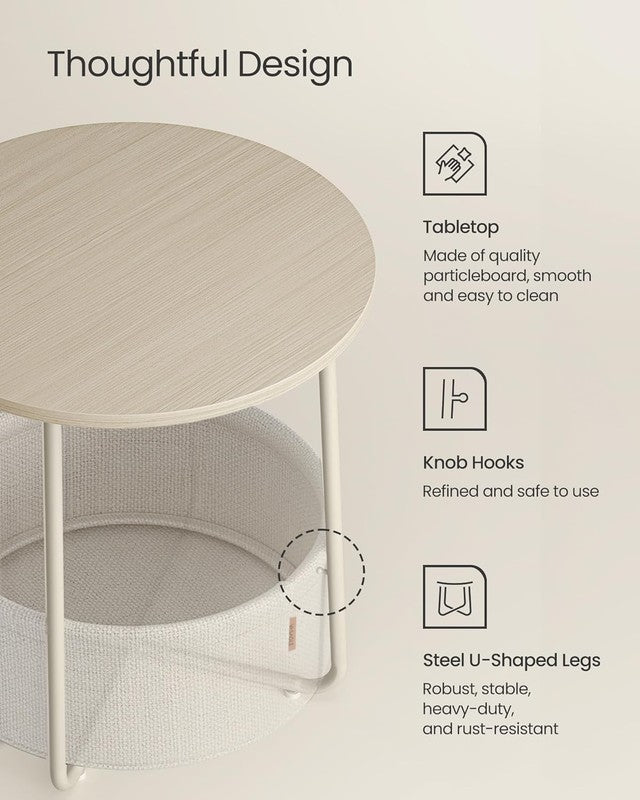 Small Round Side Table Nightstand with Fabric Basket Cream White6