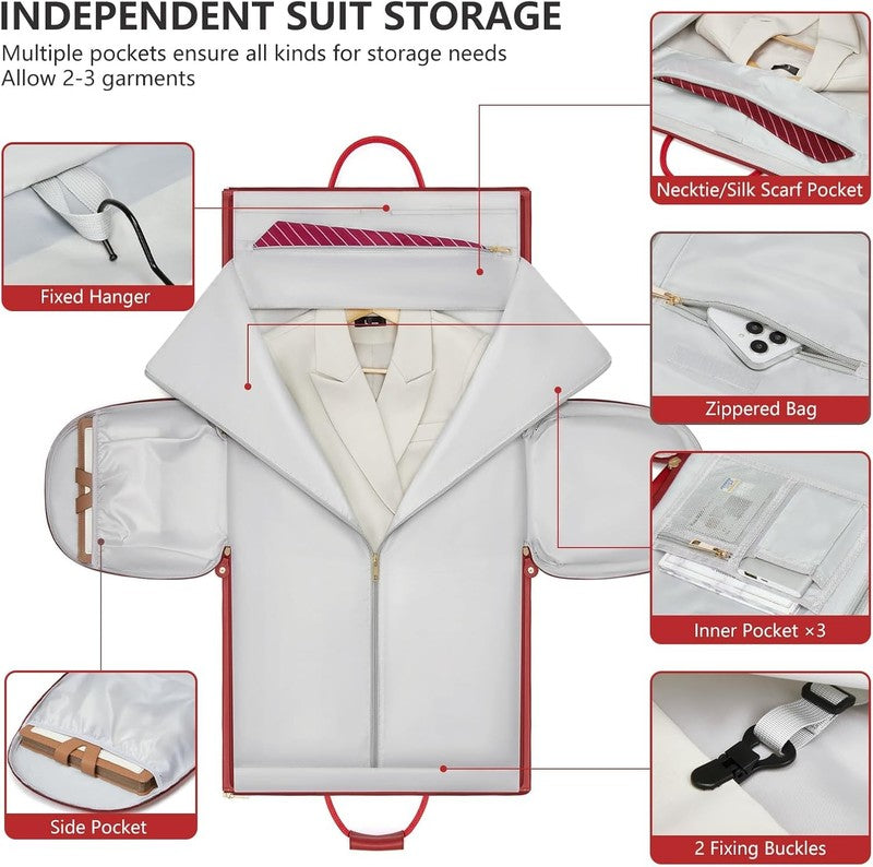 Women Leather 2in1 Garment Duffle Bag Red Waterproof Suit Travel Carry On1