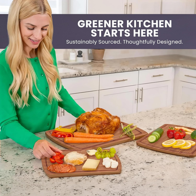 Organic Wooden Cutting Boards for Kitchen with Lifetime Replacements - 3Pc Set N3