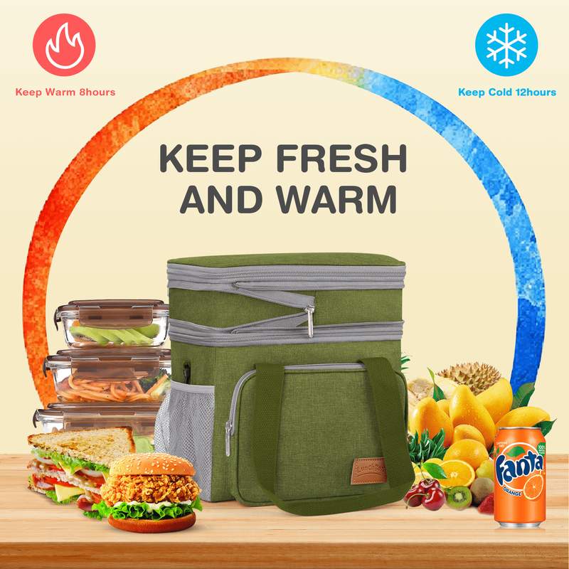 17L Insulated Lunch Bag Expandable Double Deck Cooler Tote Leakproof Work Green3