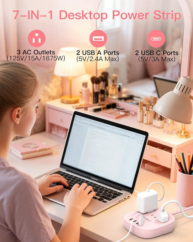 Cruise Approved Power Strip 3 Outlets 4 USB 2 USB C 6FT Pink1