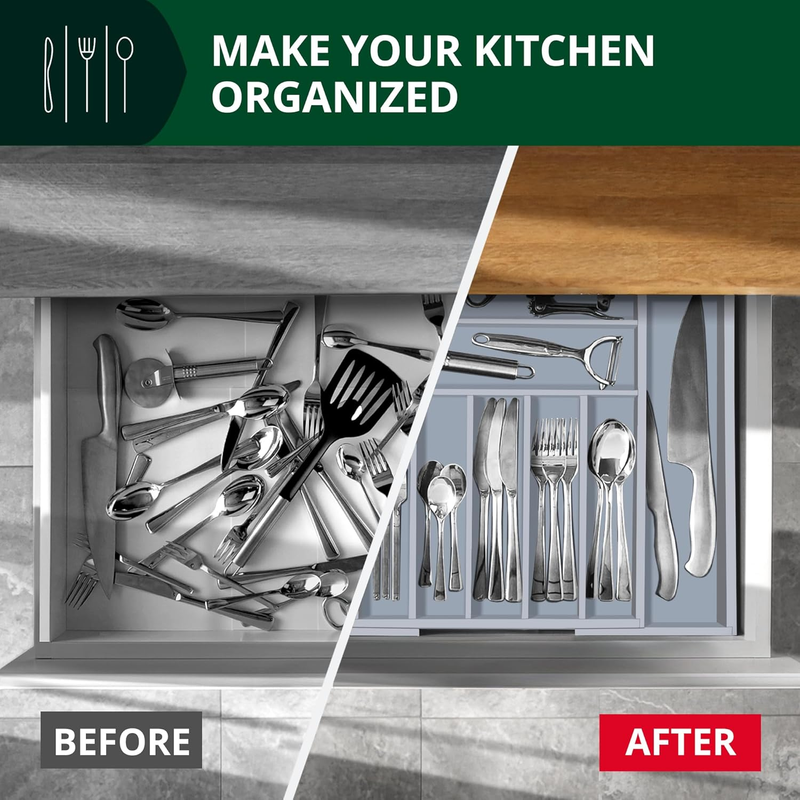 Bamboo Kitchen Drawer Organizer 9 Slot Silverware Utensil Tray Gray6