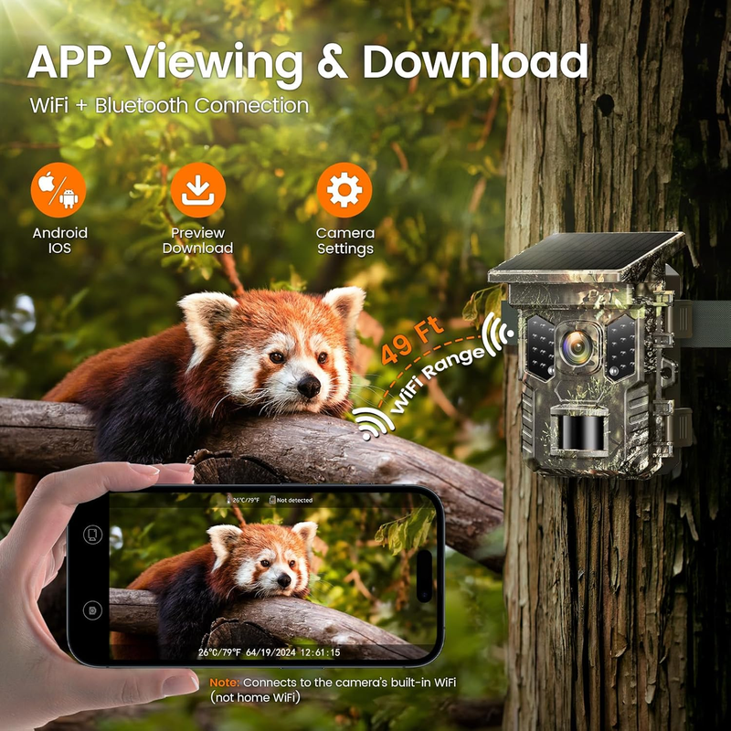 4K 64MP Solar Trail Camera WiFi Bluetooth 0.2S Night Vision IP66 Motion Cam4