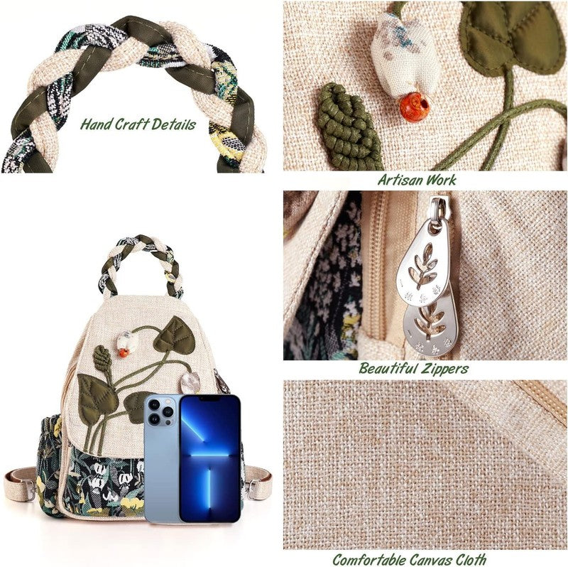 Women Convertible Sling Bag Canvas Mini Backpack Artisan Handcrafted Green Marsh4