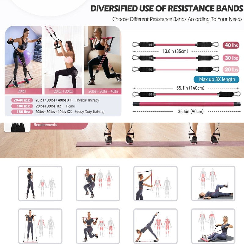 Pilates Bar Kit with Resistance Bands,Pilates Bar with Stackable Bands Workout E2