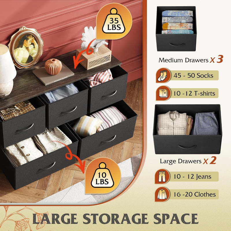 5 Drawer Fabric Dresser Chest Storage Organizer Bedroom Closet Charcoal Black3