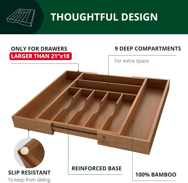 Bamboo Kitchen Drawer Organizer 9 Slot Silverware Utensil Cutlery Tray3