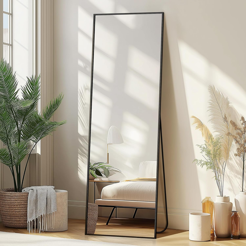 Full Length Wall Mirror 56"x15" with Stand, Aluminum Frame, Black for Bedroom10