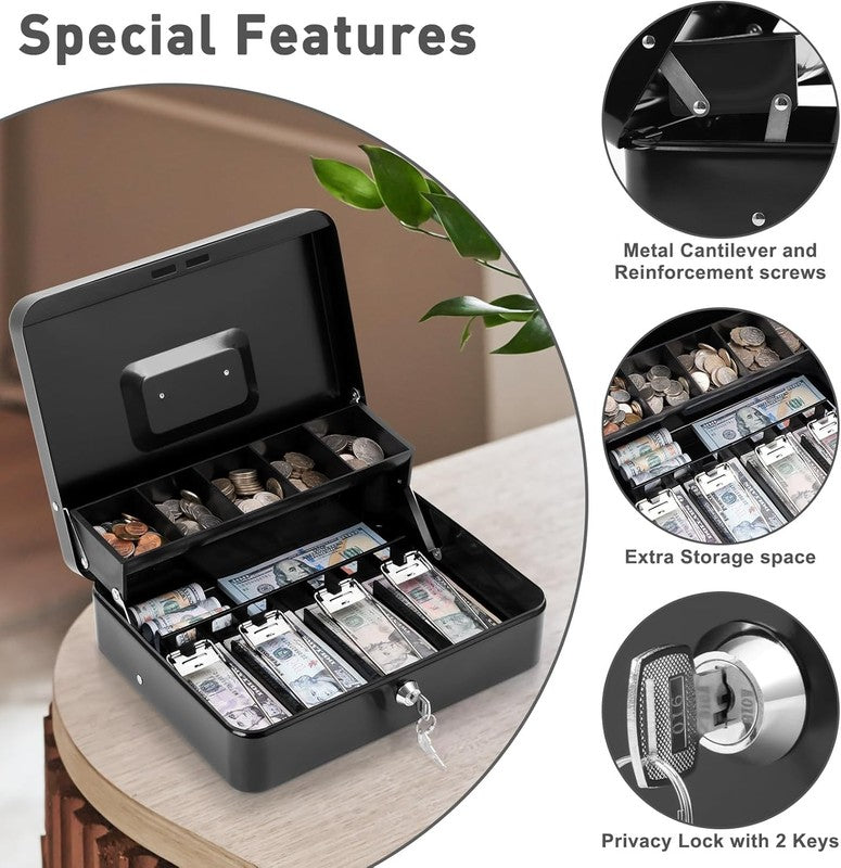XL Locking Cash Box with Key - Secure Money Organizer & Cash Tray, Black4