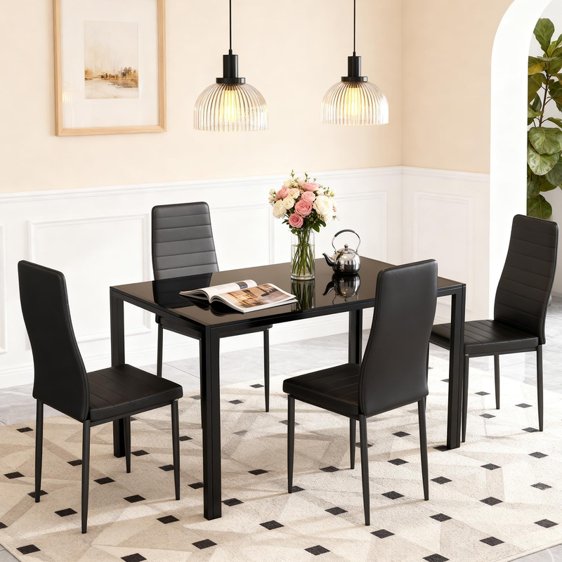 47in Glass Dining Table Black Rectangular 4-6 Person Modern Kitchen Space Saving1