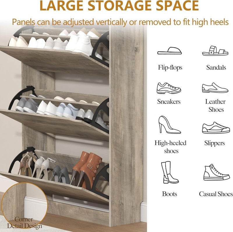 47'' Shoe Cabinet 3 Flip Drawers Slim Wood Storage Rack Organizer Entryway Grey5