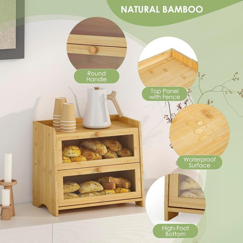 Double Layer Bamboo Bread Box Large Wooden Farmhouse Bread Storage Windows2