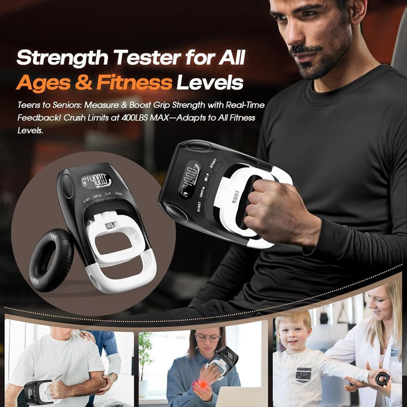 2 in 1 Grip Strength Tester & Trainer, 400Lb LCD Dynamometer + Ring Set6