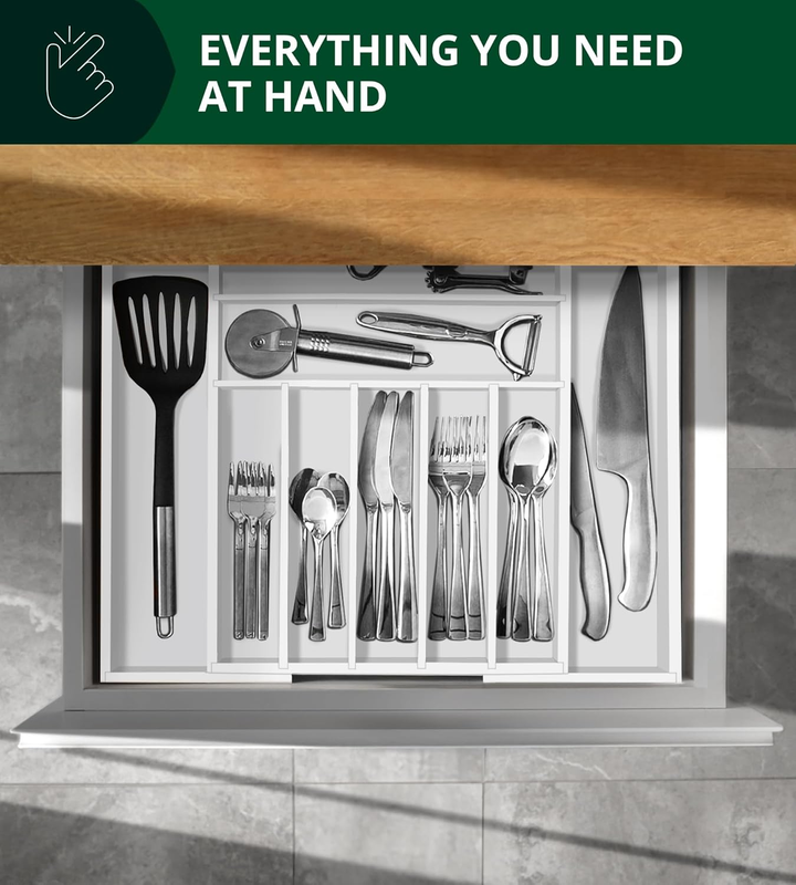 Bamboo Kitchen Drawer Organizer 9 Slot Silverware Utensil Tray White6