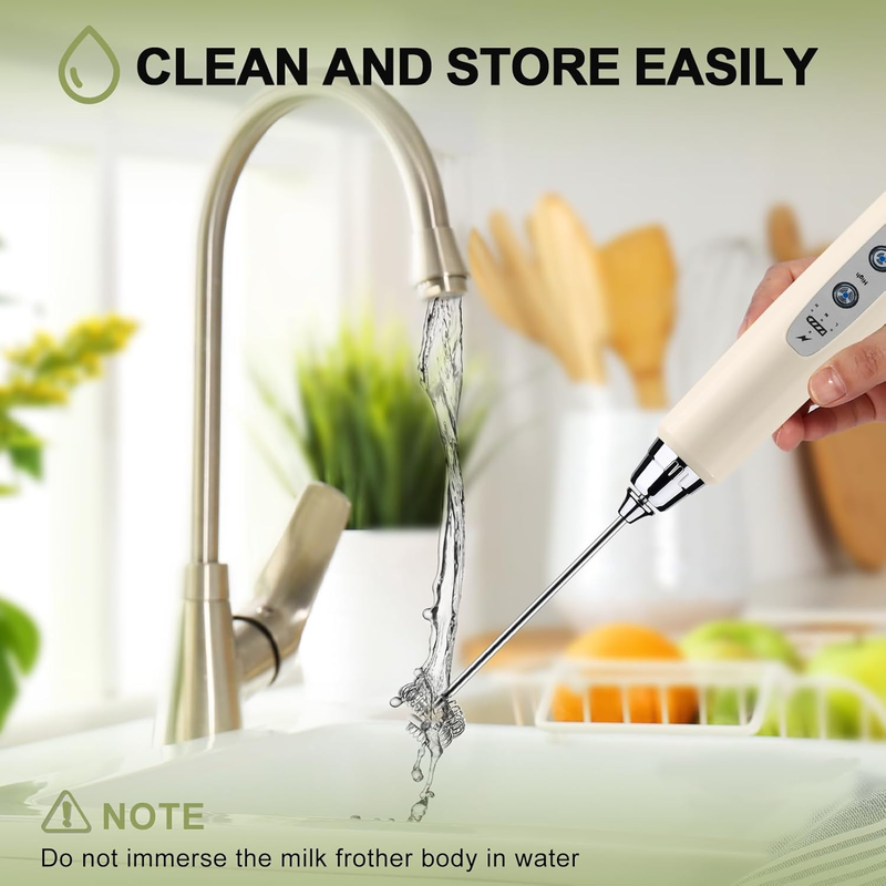 Milk Frother Handheld Beige Rechargeable 3 Speed 3 Heads Coffee Whisk6