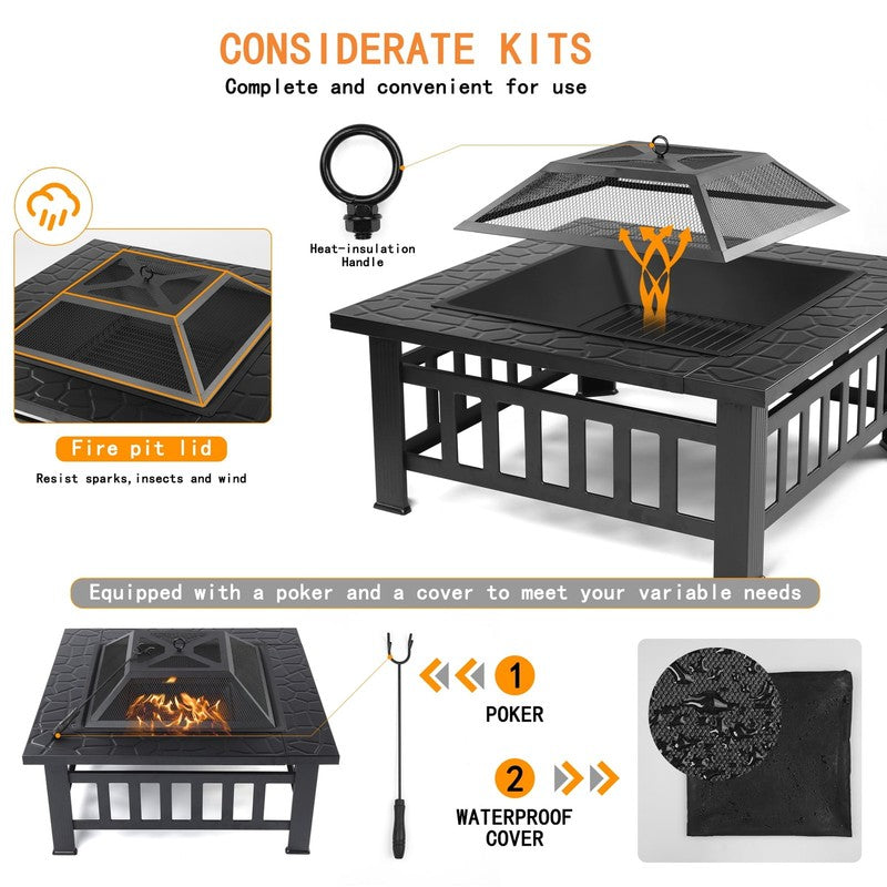 32" Outdoor Fire Pit Table Wood Burning w/ Lid, Poker, BBQ Net, Ice Tray, Black6
