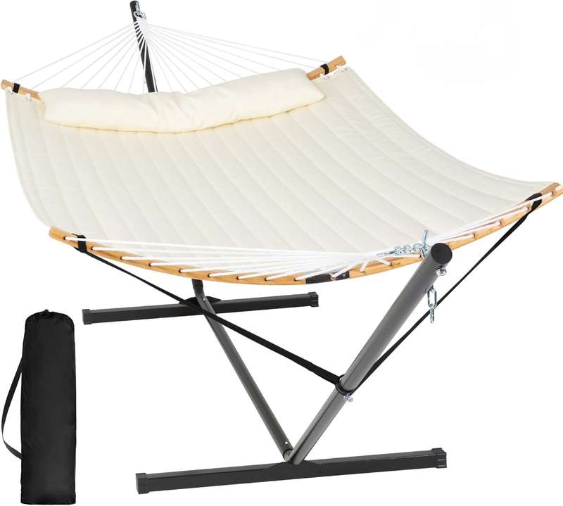 Outdoor Double Hammock with Stand Curved Bar Carry Bag Beige Fabric11