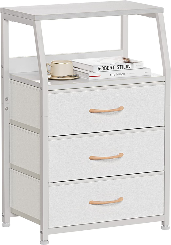 White Nightstand with 3 Drawers and 2 Tier Shelf, Small Night Stand End Table Si0