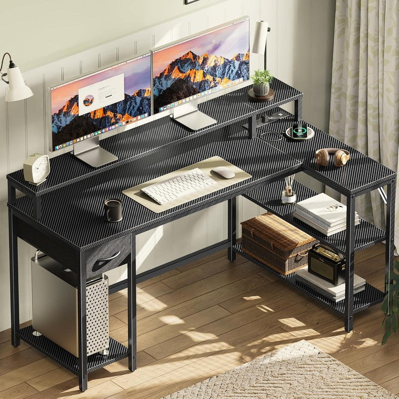 53'' Reversible L Shaped Gaming Desk LED Lights Power Outlets Carbon Black8