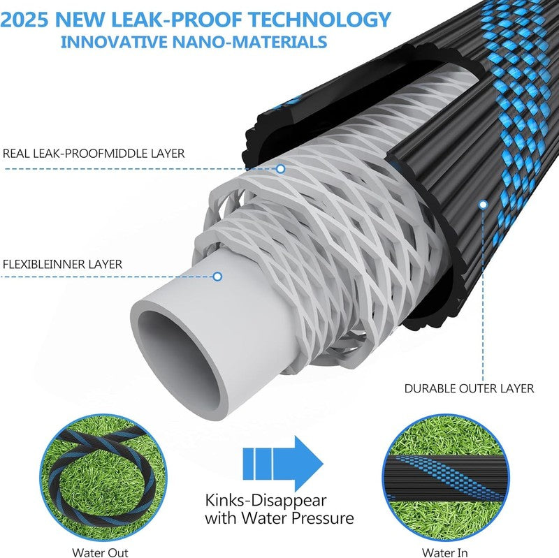 50Ft Garden Hose, 10-Function Nozzle, Leakproof, Brass Connectors, Blue Black1