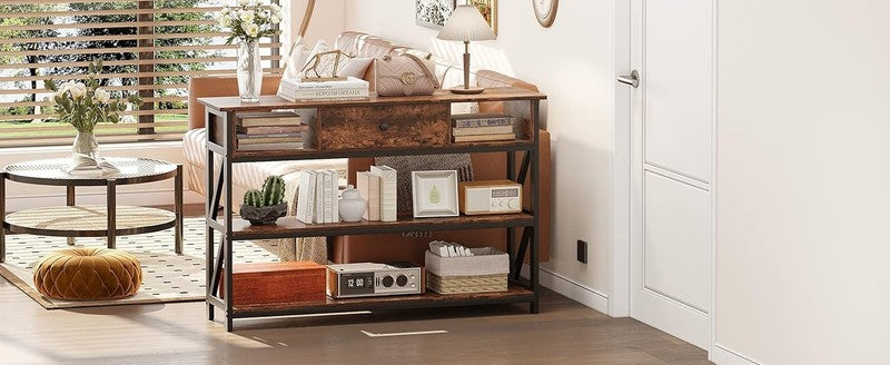 47'' Console Table Rustic Brown Industrial Entryway Sofa Table Drawer Shelves7