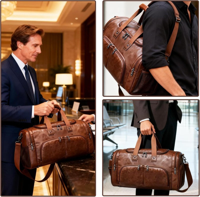 Leather Travel Duffle Bag Waterproof Weekender Shoe Compartment Gym Travel Bag6