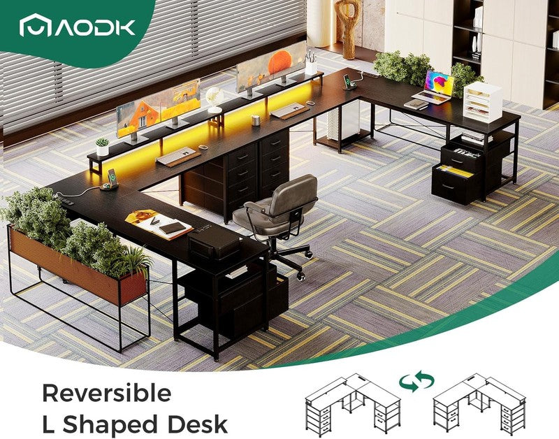 66" L Shaped Computer Desk Reversible LED Power Black Home Office7