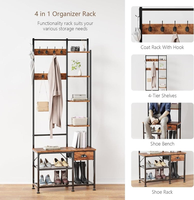 Hall Tree Entryway Bench with Coat Rack & Shoe Storage 4-in-1 Rustic Brown4