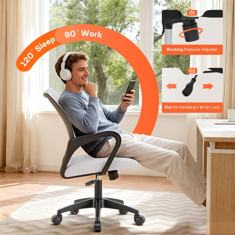 Ergonomic Office Chair Mid Back Swivel Desk Chair Lumbar Support White3
