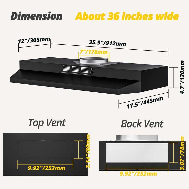 Black 36" Under Cabinet Range Hood 300CFM 2-Speed Ducted/Ductless7