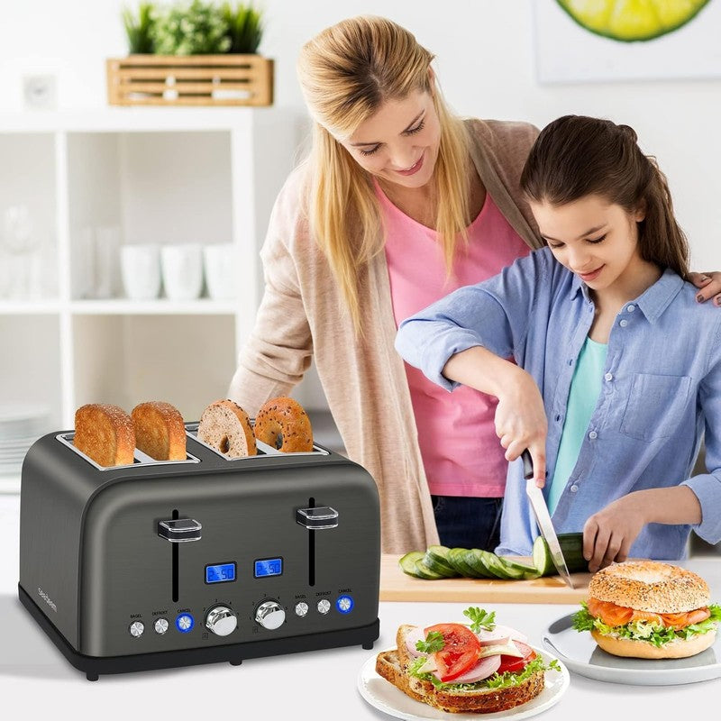 4 Slice Stainless Steel Toaster Dark Metallic - LCD, 6 Shades, Bagel, Defrost6