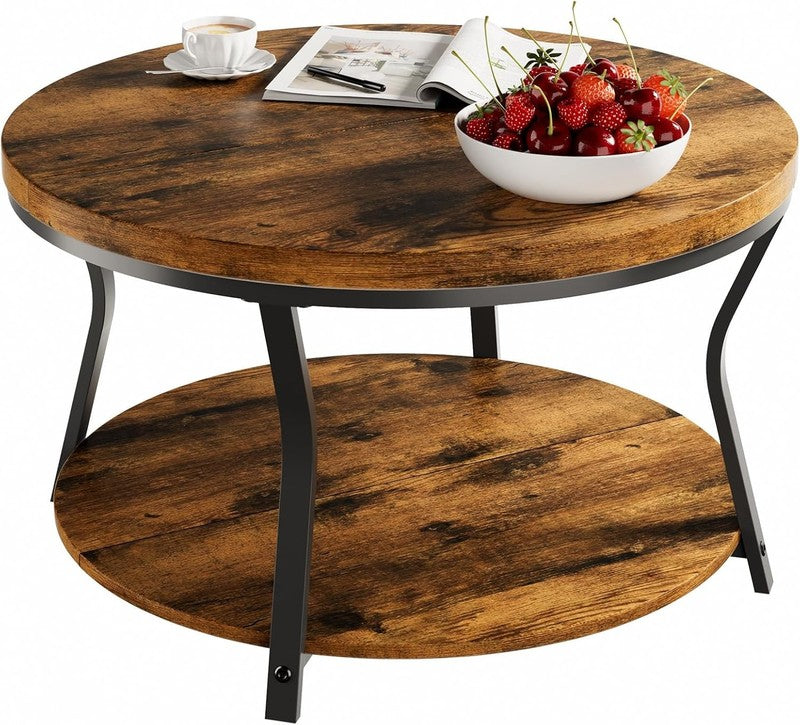 Round Coffee Table 2 Tier Industrial Wood Metal Frame 31.5in Rustic Brown6