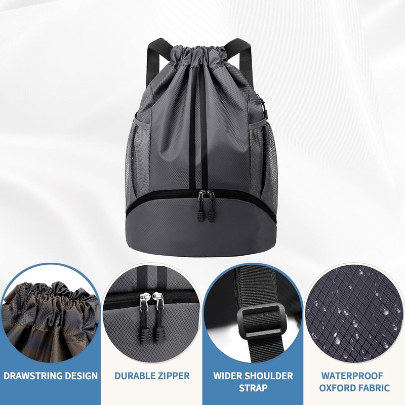 Drawstring Gym Bag Shoe Compartment Water Resistant Dark Grey Backpack7