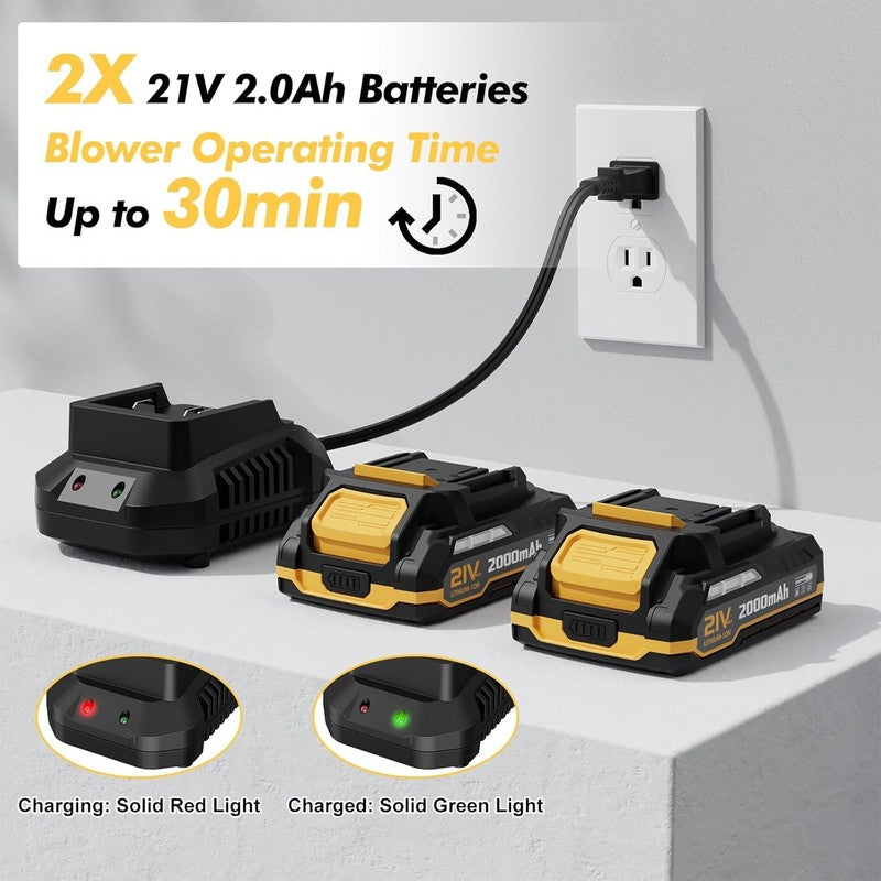 Cordless Leaf Blower 21V w/ 2 Batteries & Charger, 2 Speed, Lightweight1