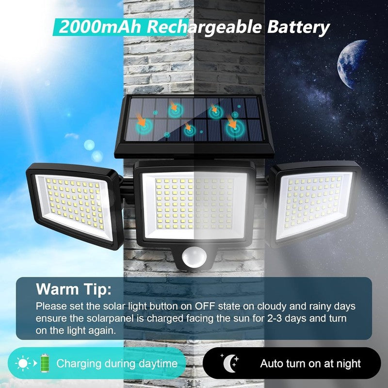2500LM Solar Outdoor Lights with Remote, 3 Head Motion Sensor, 2 Packs3