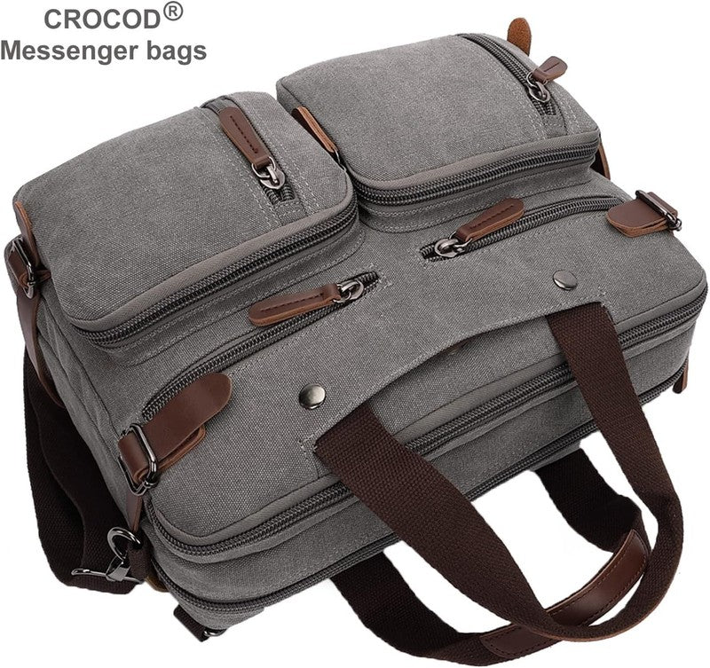3 in 1 Canvas Laptop Bag 17.3 Inch Convertible Briefcase Multi Pocket Grey1