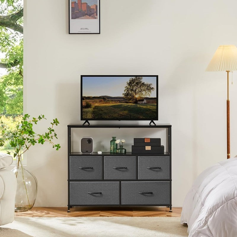 45” TV Stand Dresser 5 Fabric Drawers Media Console Open Shelf Grey1