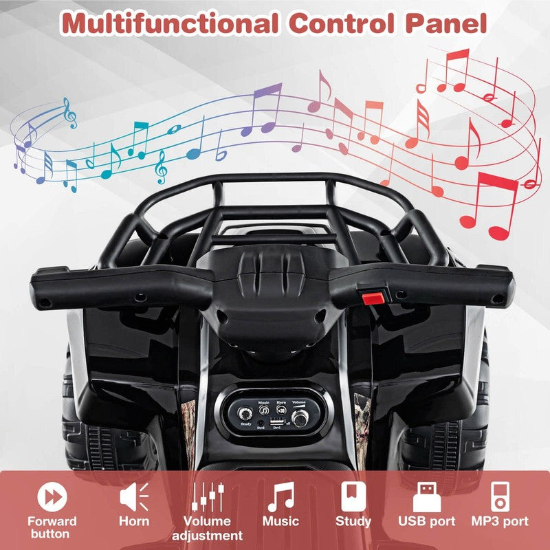 6V Electric Kids Toy Car Black with Music, Story & USB Front Storage Basket8
