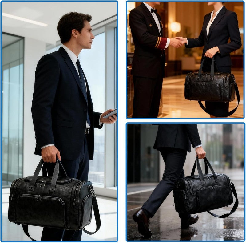 Leather Travel Duffle Bag Waterproof Weekender Shoe Compartment Gym Business Bag6