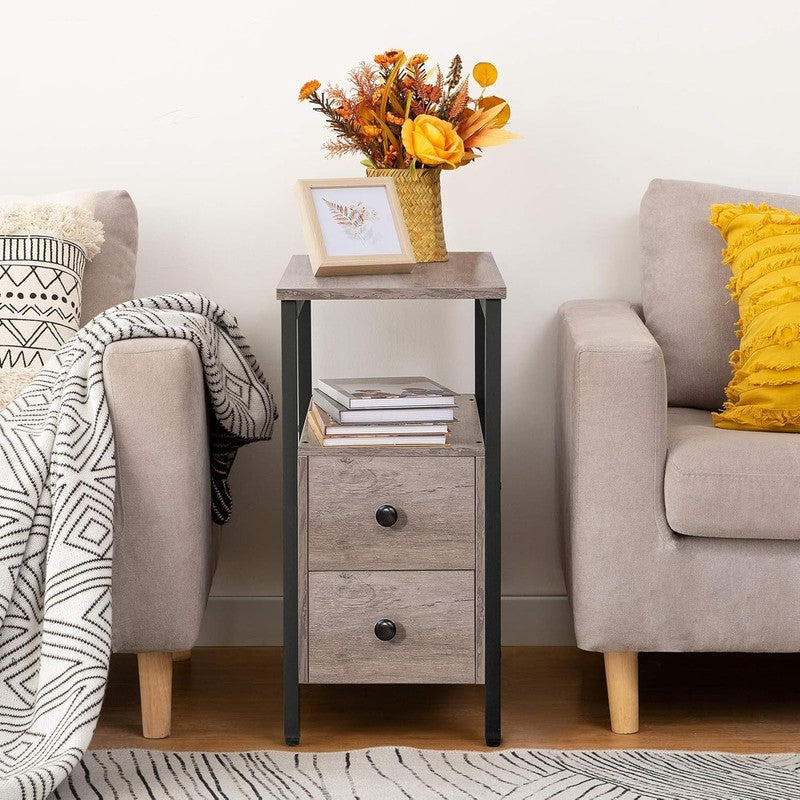 End Table Narrow Chairside Table with Drawer & Shelf Greige Black3