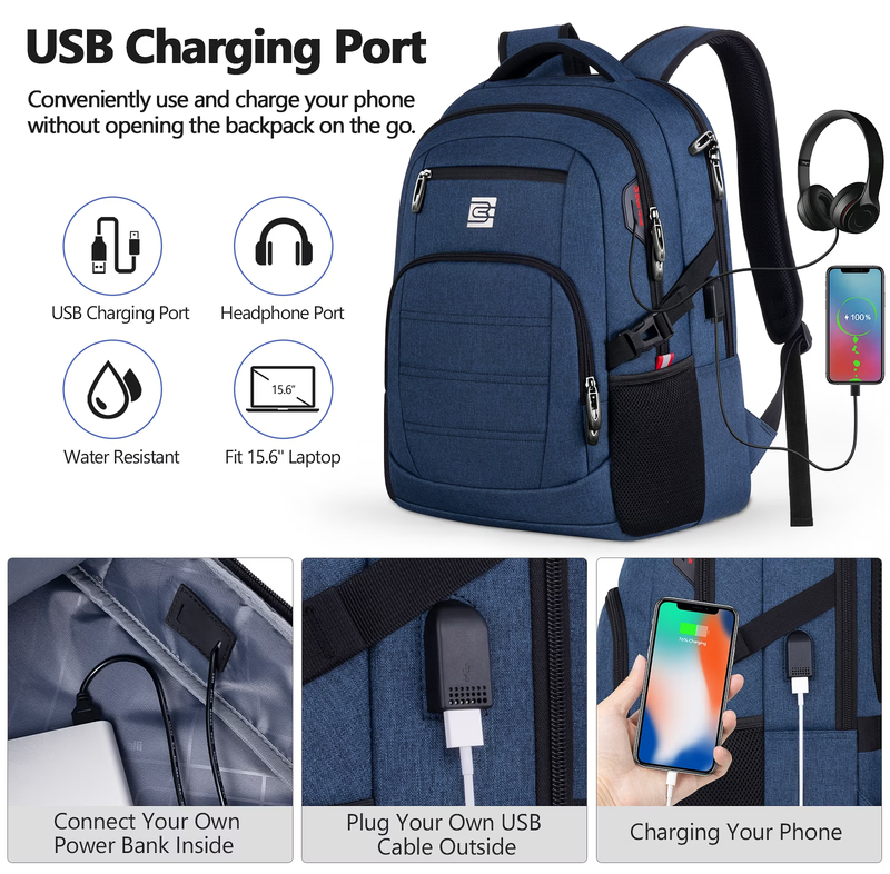 Laptop Backpack USB Charging Port Water Resistant Business Work Bag Men3