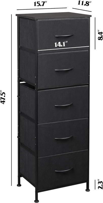5 Drawer Fabric Dresser Storage Organizer Steel Frame Wood Top Black2