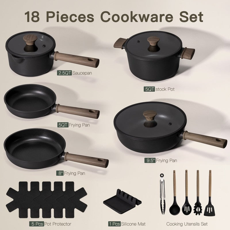 18-Piece Pots and Pans Set, Black Titanium Induction Nonstick Cookware Set, Oven1
