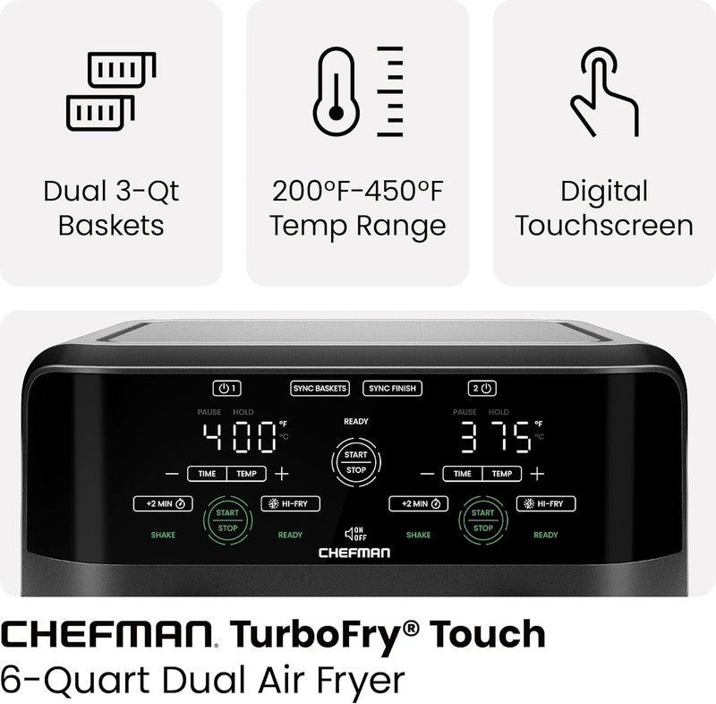 6Qt Dual Basket Air Fryer Digital Touch Sync Finish Hi-Fry Auto Shutoff Black3