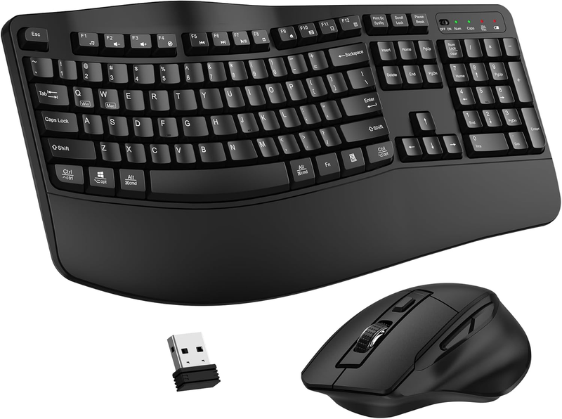 Wireless Keyboard and Mouse Combo, 2.4G Full Size Wave Keys Ergonomic Keyboard w8
