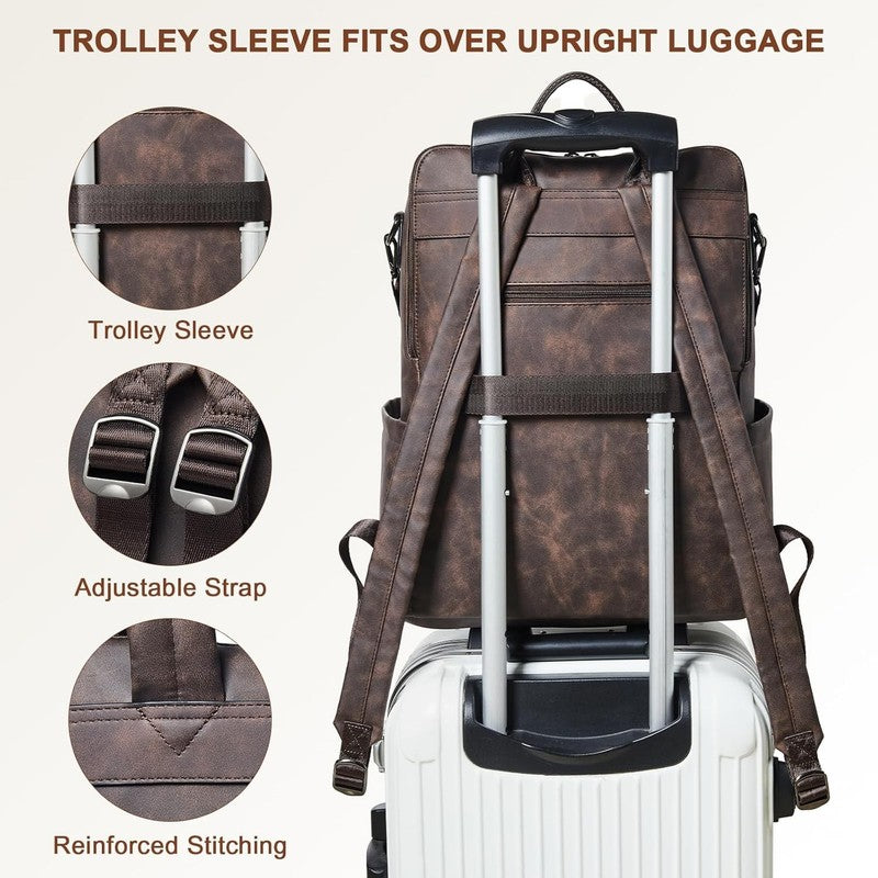 Women Laptop Backpack 15.6" Leather Travel Work Water Resistant Coffee3