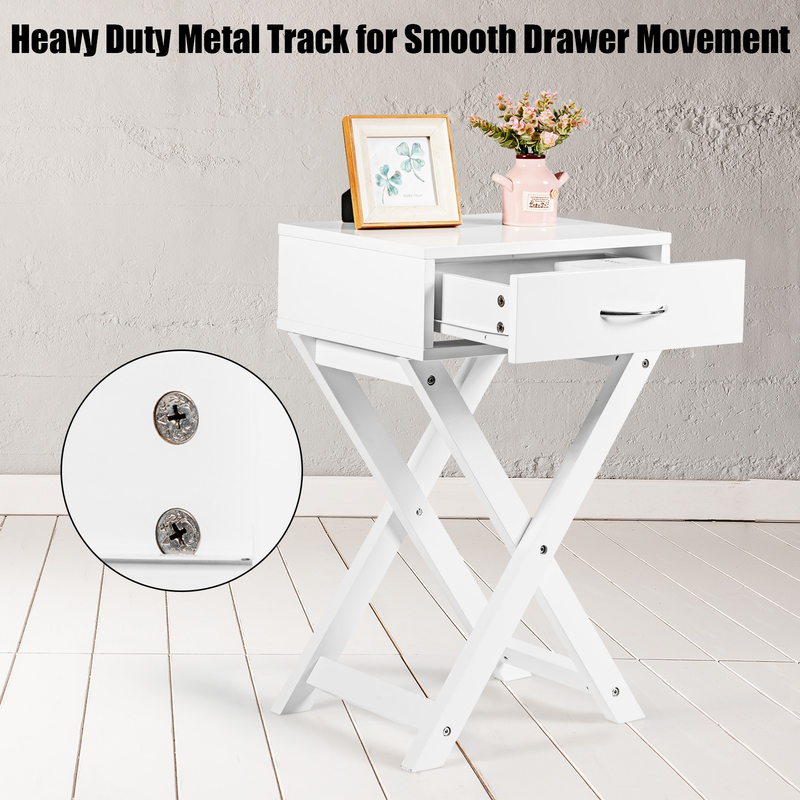 Modern Versatile Nightstand X-Shape Wooden Table with Drawer for Bedroom White3