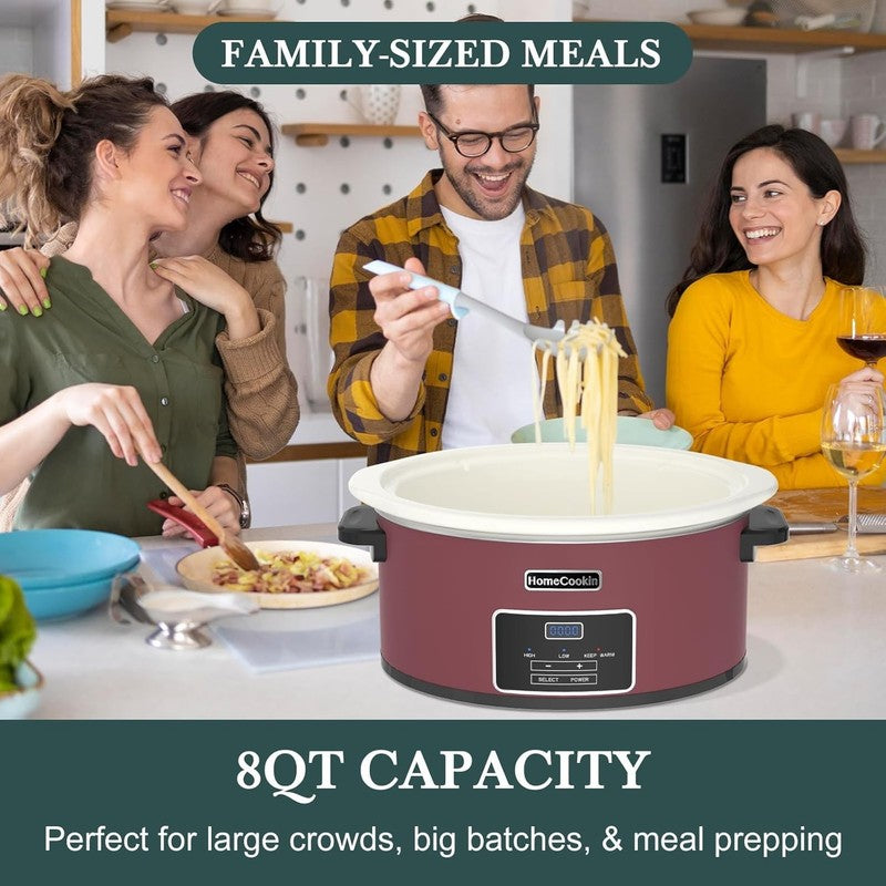 8Qt Programmable Slow Cooker Timer Keep Warm 6+ Servings Red White Liner6