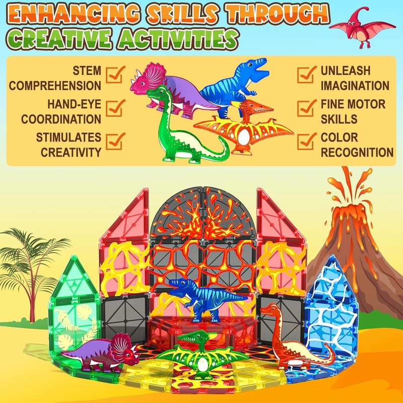 Dinosaur Magnetic Tiles Building Blocks Toy Kids Ages 3–8 Lava World Set5