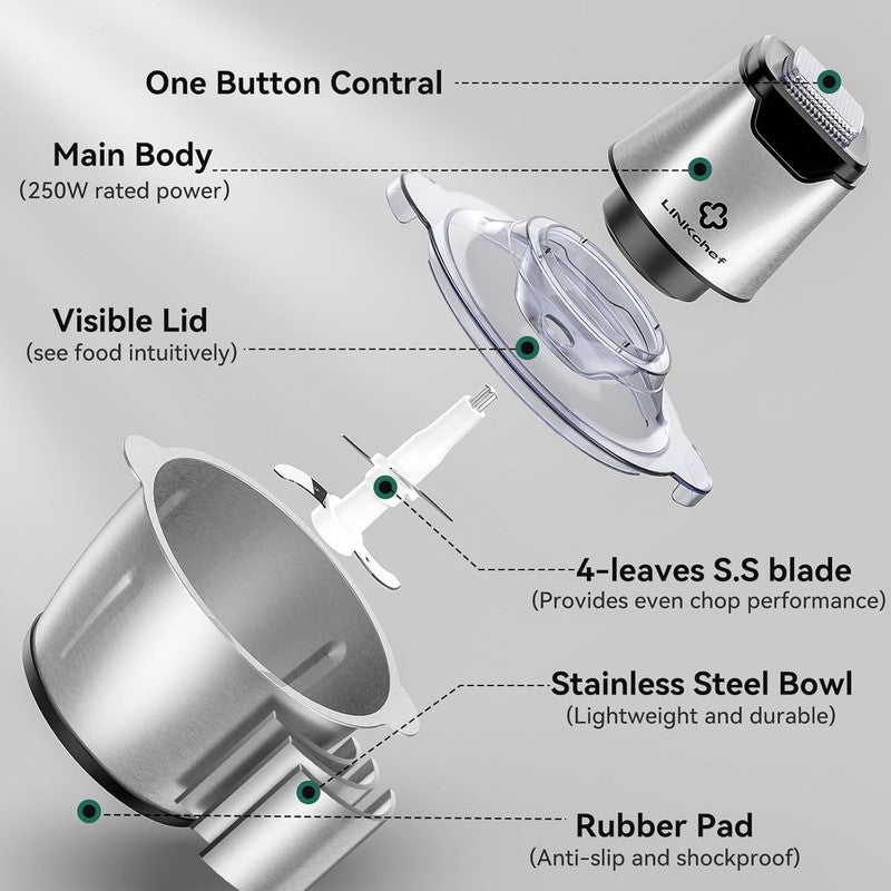 250W Mini Food Chopper 5-Cup Processor with 4 Blades, Stainless Steel5